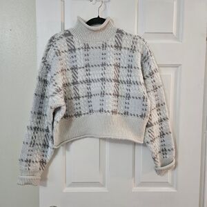 Plaid Turtleneck Sweater - Cream and Gray